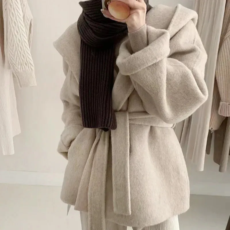 Hnewly Winter Jacket Women Thick Warm Loose Style Hood Luxury Casual Double -sided Wool Blends Ladies Miss Leisure Woolen Coat