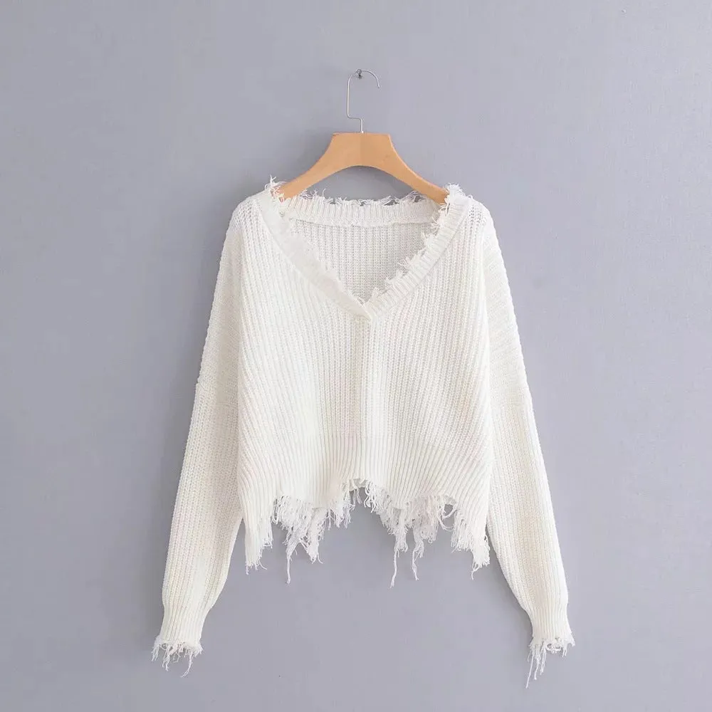 Hot Blogger V-neck tassel crop Pullover batwing loose fit Destroyed Trim sweater knitwear