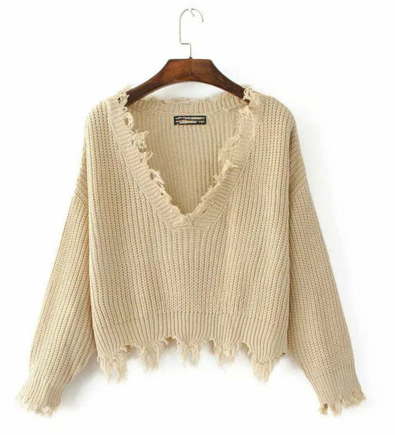 Hot Blogger V-neck tassel crop Pullover batwing loose fit Destroyed Trim sweater knitwear