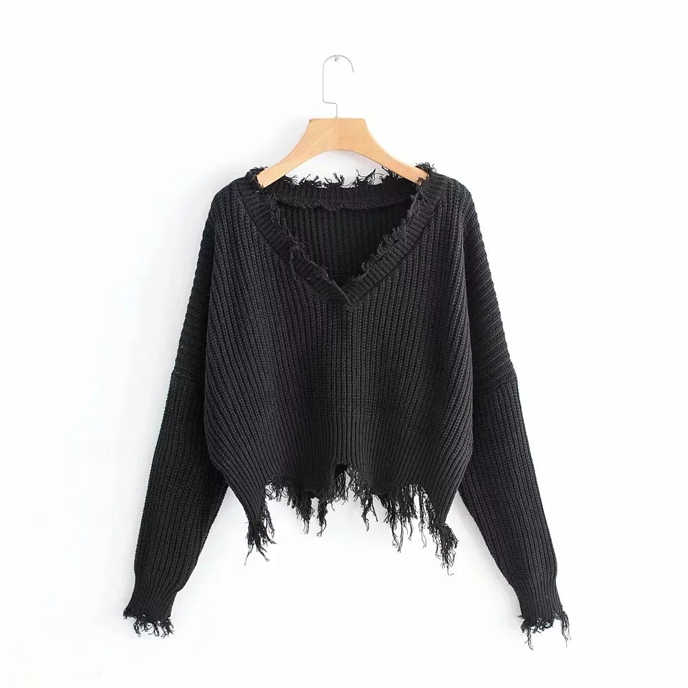 Hot Blogger V-neck tassel crop Pullover batwing loose fit Destroyed Trim sweater knitwear