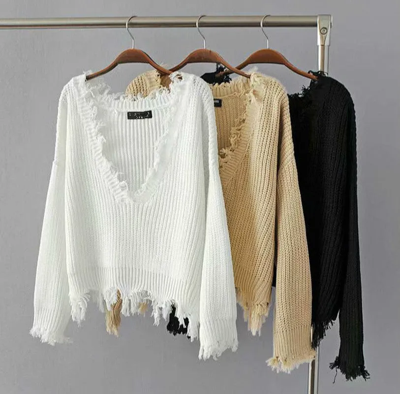 Hot Blogger V-neck tassel crop Pullover batwing loose fit Destroyed Trim sweater knitwear