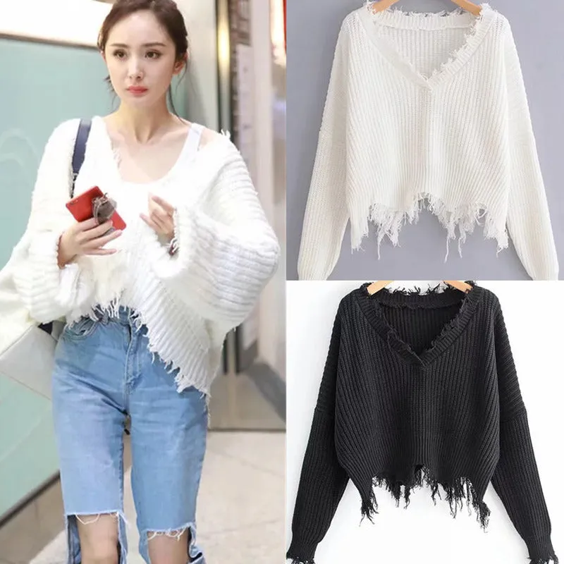 Hot Blogger V-neck tassel crop Pullover batwing loose fit Destroyed Trim sweater knitwear