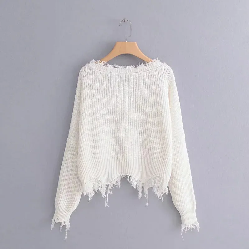 Hot Blogger V-neck tassel crop Pullover batwing loose fit Destroyed Trim sweater knitwear