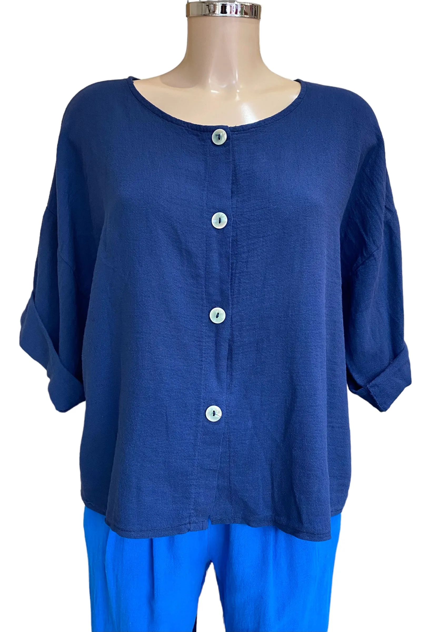 Hot Pink Hope Linen Effect Round Neck Button Top