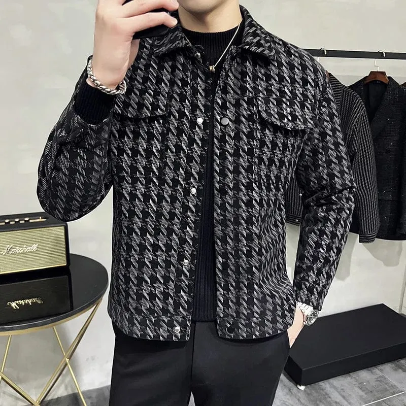 Houndstooth Luxury Jacket - Stylish & Warm Slim Fit Turn Down Collar Motorcycle Coat