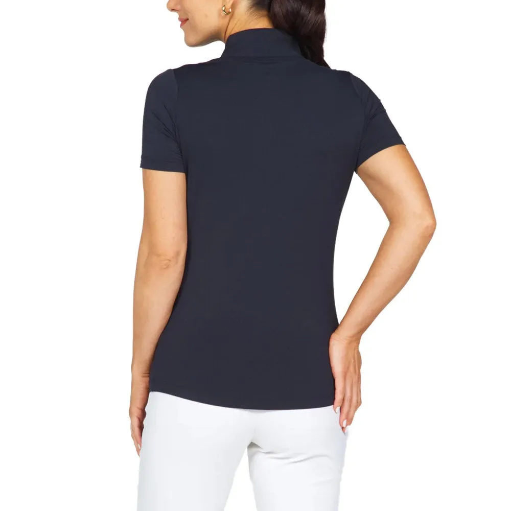 IBKUL Women's Short Sleeve Zip Mock Neck Polo - Black