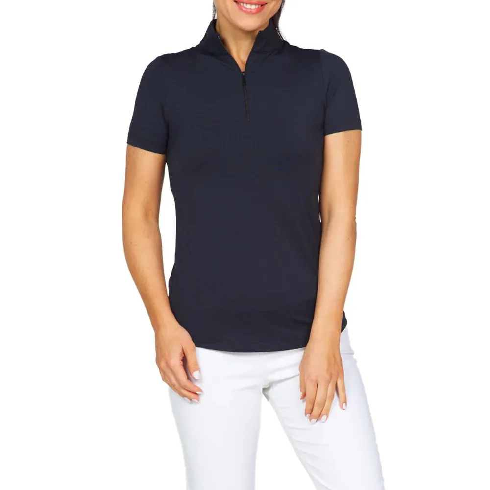 IBKUL Women's Short Sleeve Zip Mock Neck Polo - Black