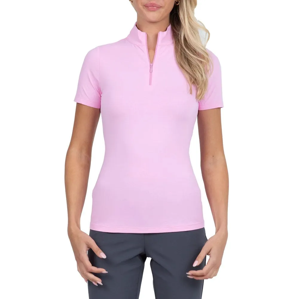 IBKUL Women's Short Sleeve Zip Mock Neck Polo - Candy Pink