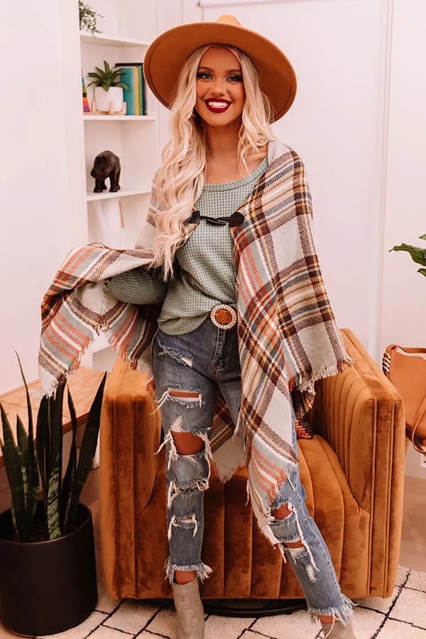 Infinitely Cozy Plaid Poncho In Grey