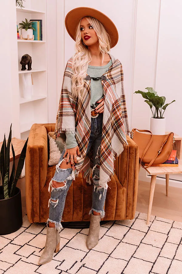 Infinitely Cozy Plaid Poncho In Grey