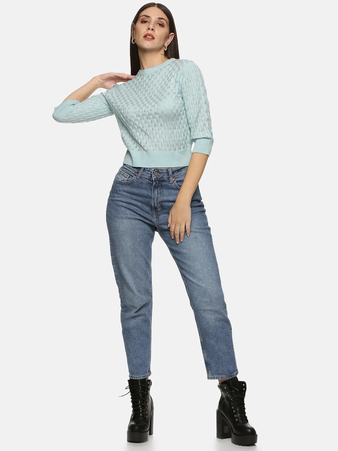 IS.U Blue Mesh Regular Length Sweater