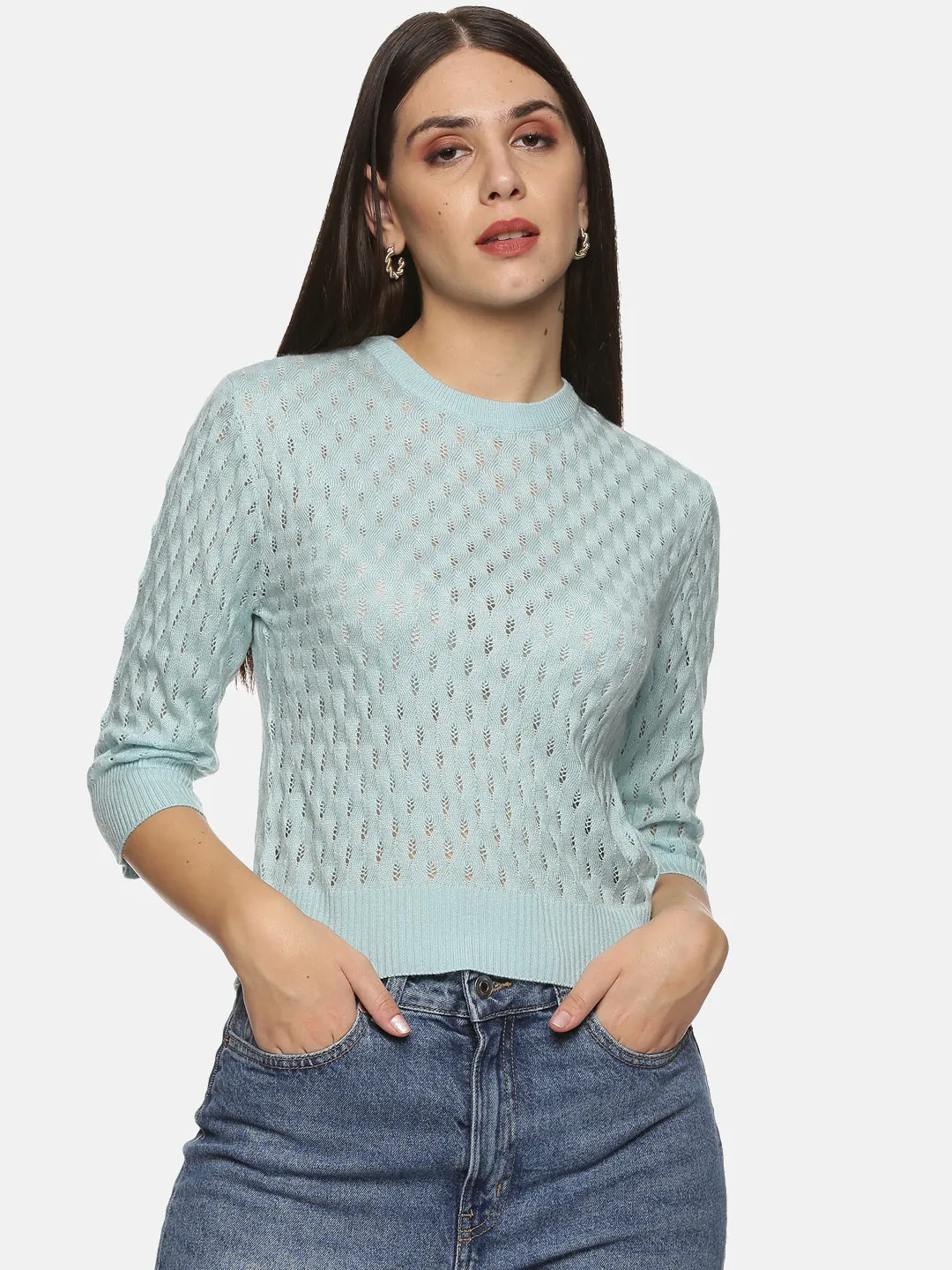 IS.U Blue Mesh Regular Length Sweater