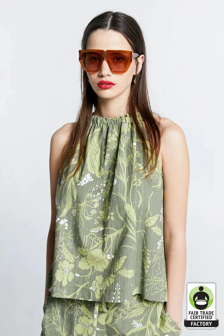 Karen Walker Wardian Bow Back Top - Wild Flowers Seersucker Green