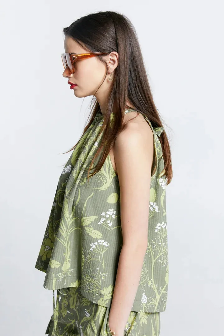 Karen Walker Wardian Bow Back Top - Wild Flowers Seersucker Green