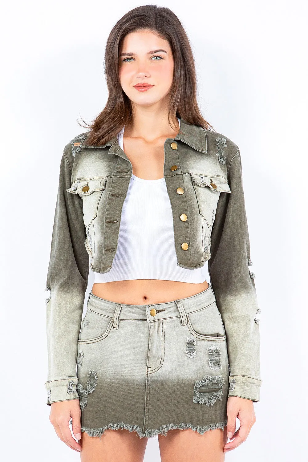 KESLEY New Women's Fashion Distressed Ombre Washed Cropped Denim Jacket