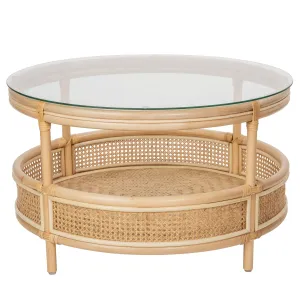 Latitude Rattan Cane Round 2-Tier Open Shelf Coffee Table with Glass Top, Natural