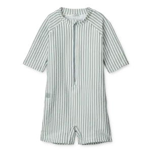 Liewood Max Seersucker Swimming Jumpsuit With Short Sleeves | Y/D Stripe: Sea Blue/White