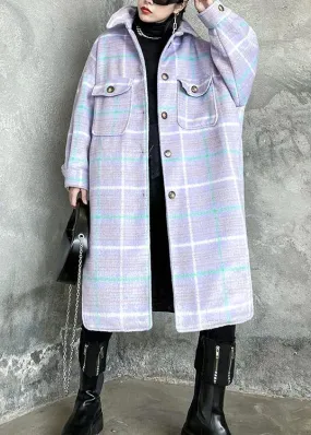 Luxury light blue plaid wool coat winter lapel asymmetric coats