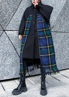 Luxury Loose fitting Jackets & Coats patchwork coat blue plaid tassel woolen outwear