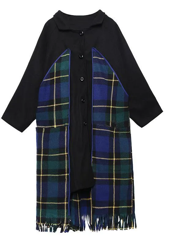 Luxury Loose fitting Jackets & Coats patchwork coat blue plaid tassel woolen outwear