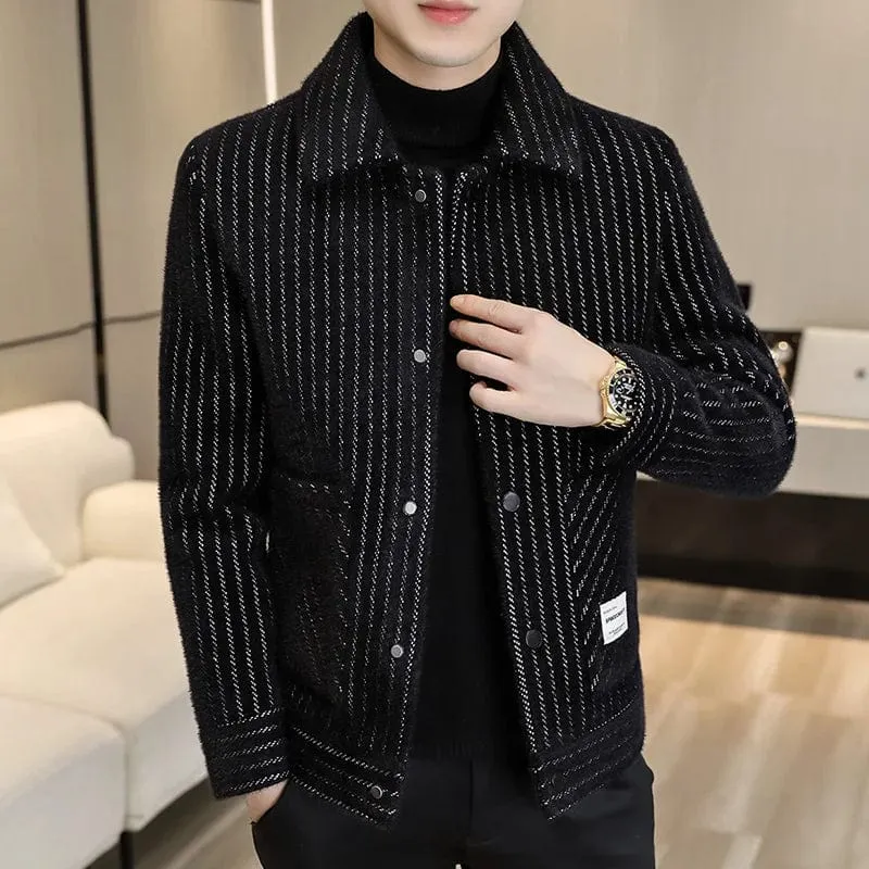 Luxury Striped Men's Jacket Smart Casual Business Wool Blends Slim Coat