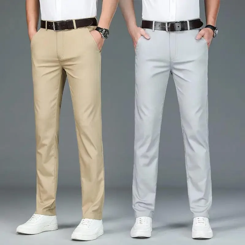 Men Casual Pants Straight | Summer Ice Silk Suit Pants