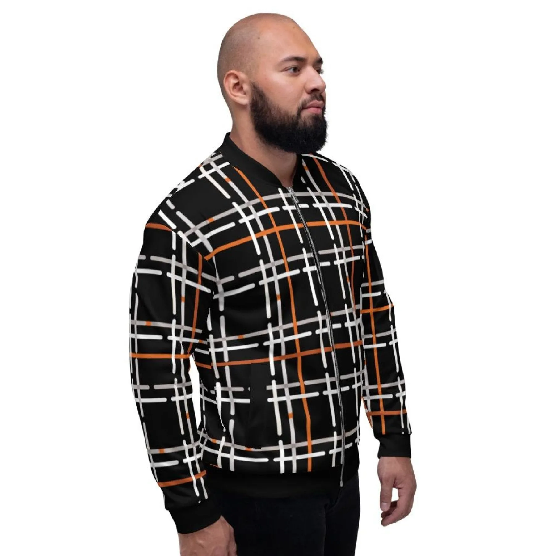 Mens Jacket - Tartan Plaid Colorblock Bomber Jacket Black/Multicolor