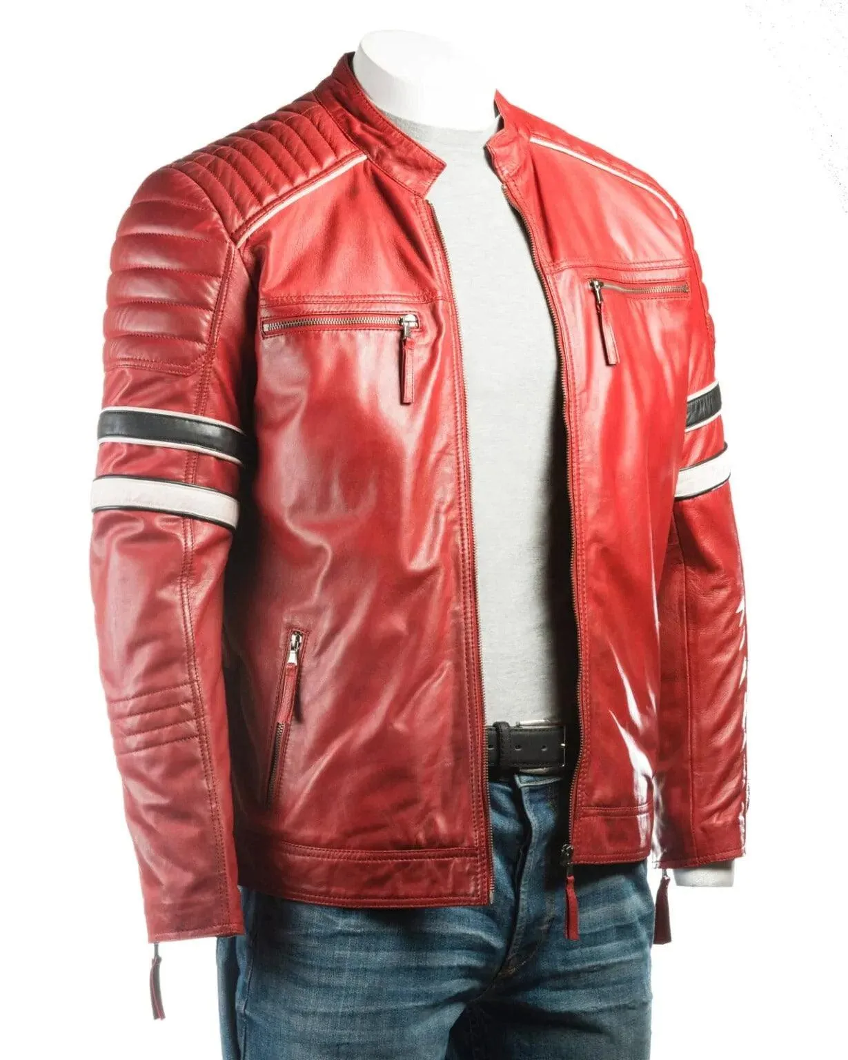 Mens Red Racing Biker Style Leather Jacket