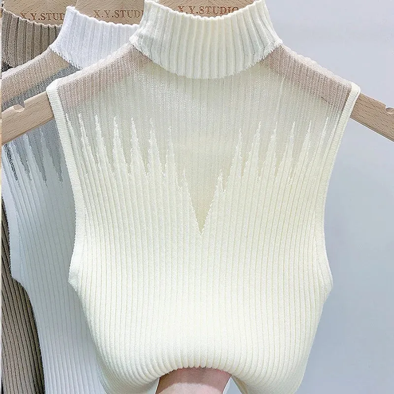 Mesh Knitted Top Women Y2K Tank Top Half Neck Vest Female Sleeveless Sweater Chic Cut Out Streetwear Solid Skinny White Tube Top