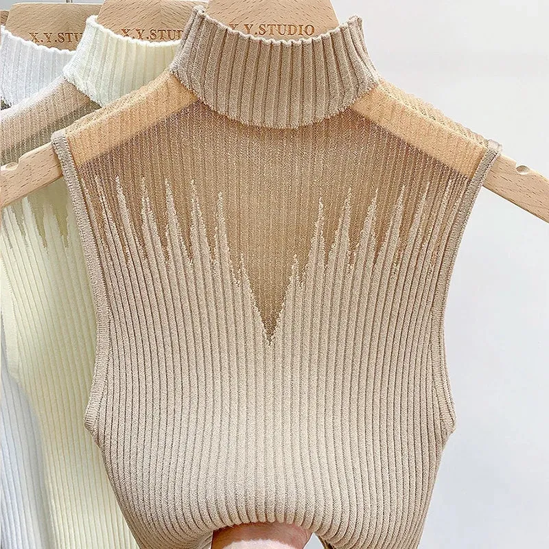 Mesh Knitted Top Women Y2K Tank Top Half Neck Vest Female Sleeveless Sweater Chic Cut Out Streetwear Solid Skinny White Tube Top