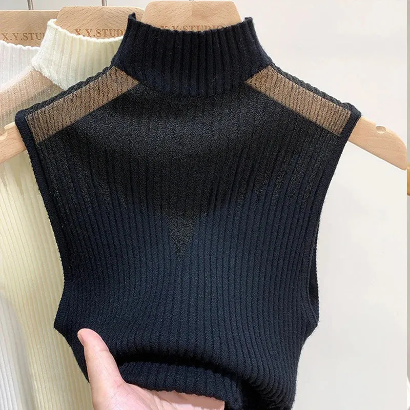 Mesh Knitted Top Women Y2K Tank Top Half Neck Vest Female Sleeveless Sweater Chic Cut Out Streetwear Solid Skinny White Tube Top