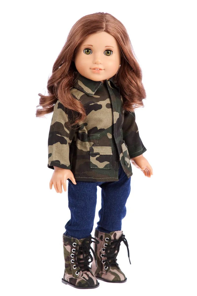 Military Style - 4 piece doll outfit - Camouflage Jacket, T-shirt, Jeans and Camouflage Boots