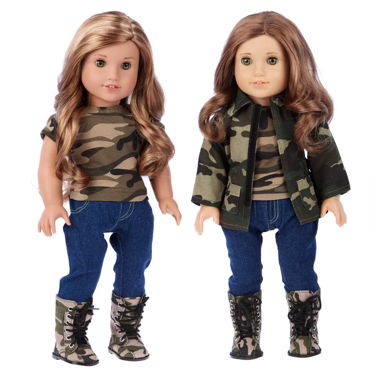 Military Style - 4 piece doll outfit - Camouflage Jacket, T-shirt, Jeans and Camouflage Boots