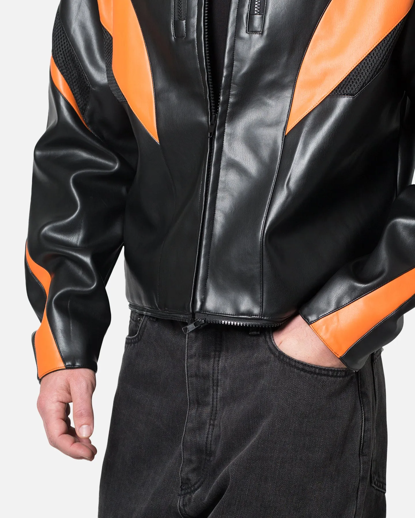 MNML Cropped Leather Race Jacket Black/Orange