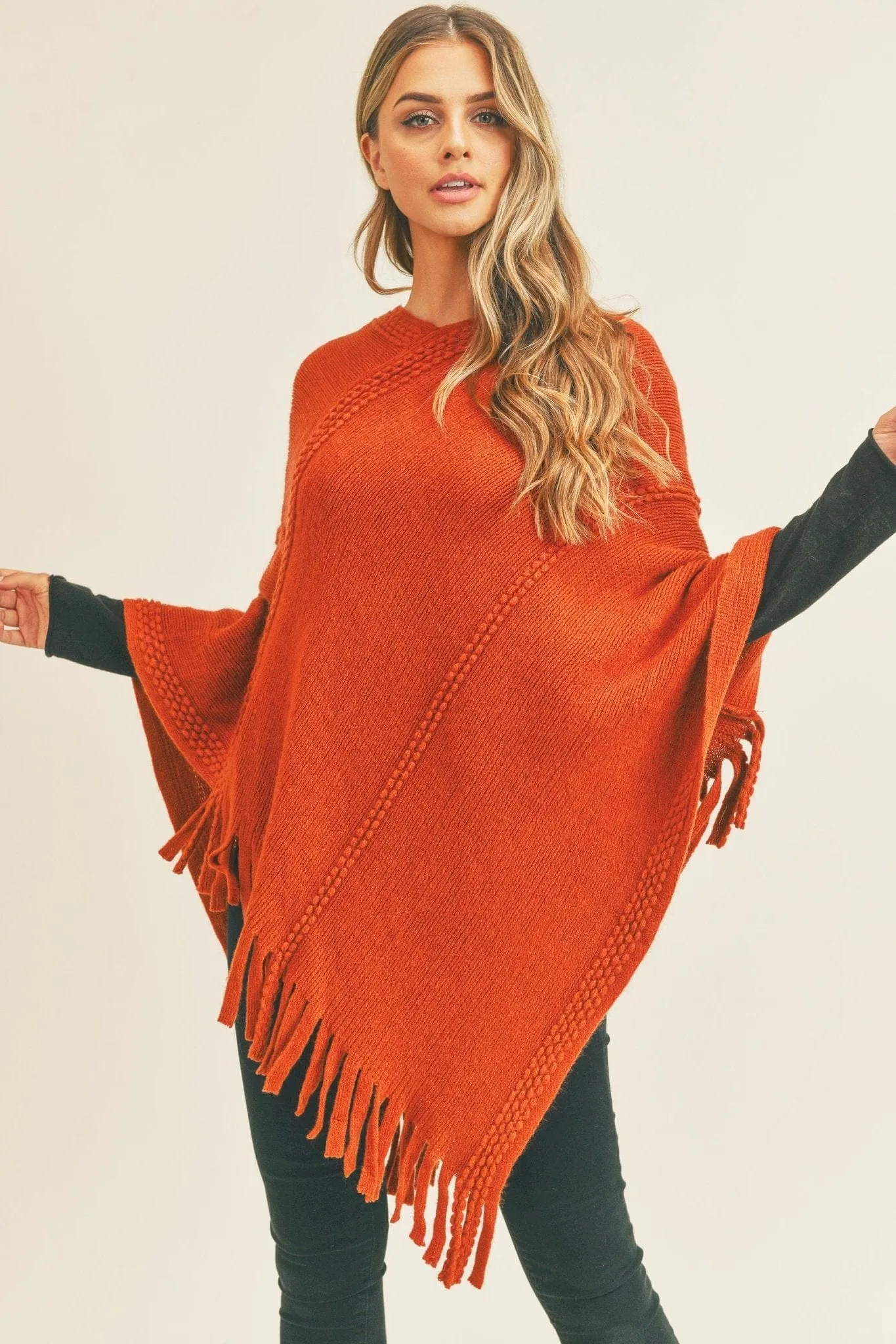 MS0272 Sandy Embossed Line Tassel Poncho