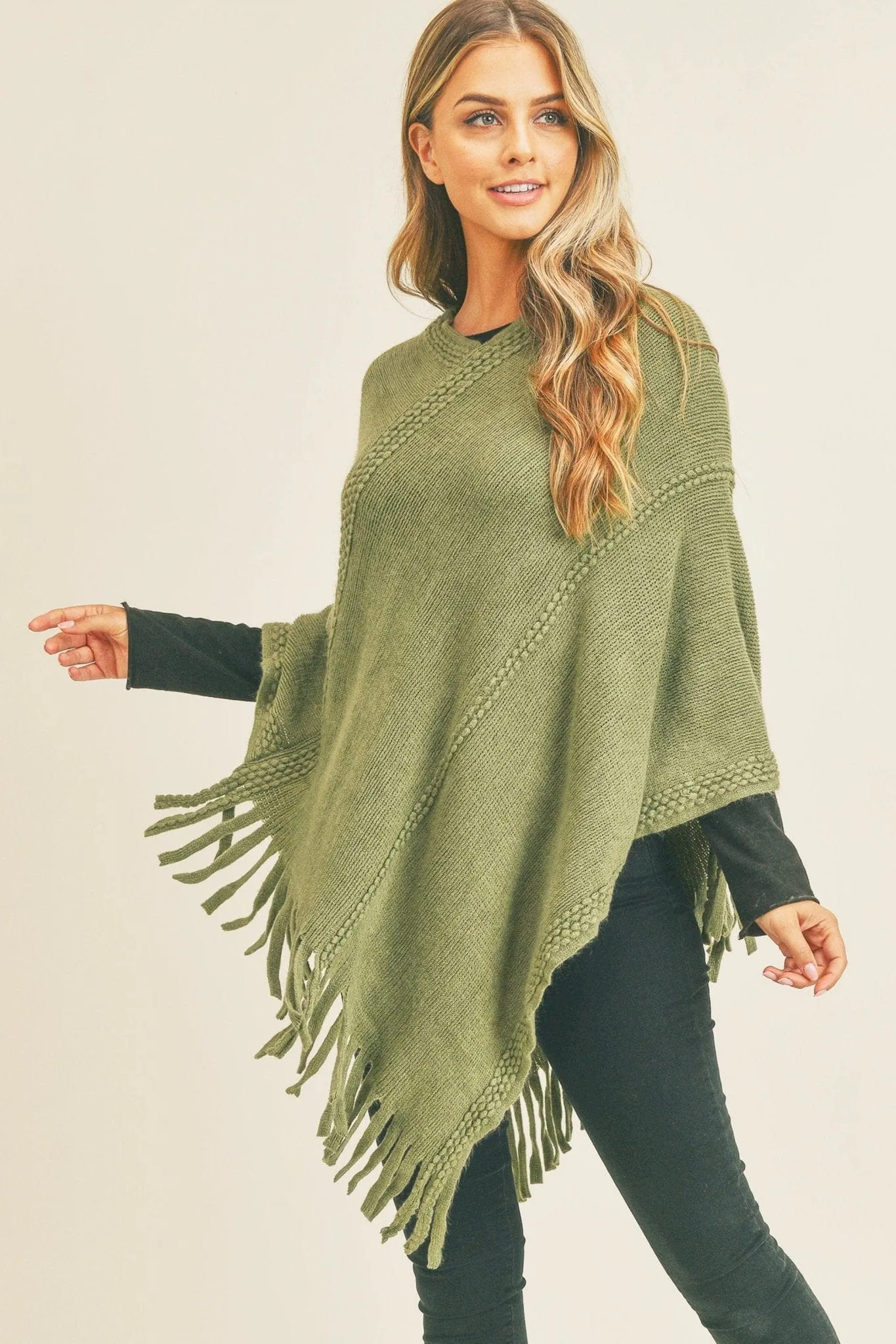 MS0272 Sandy Embossed Line Tassel Poncho