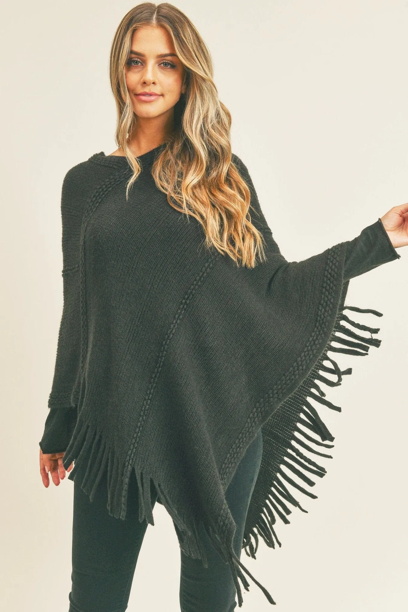 MS0272 Sandy Embossed Line Tassel Poncho