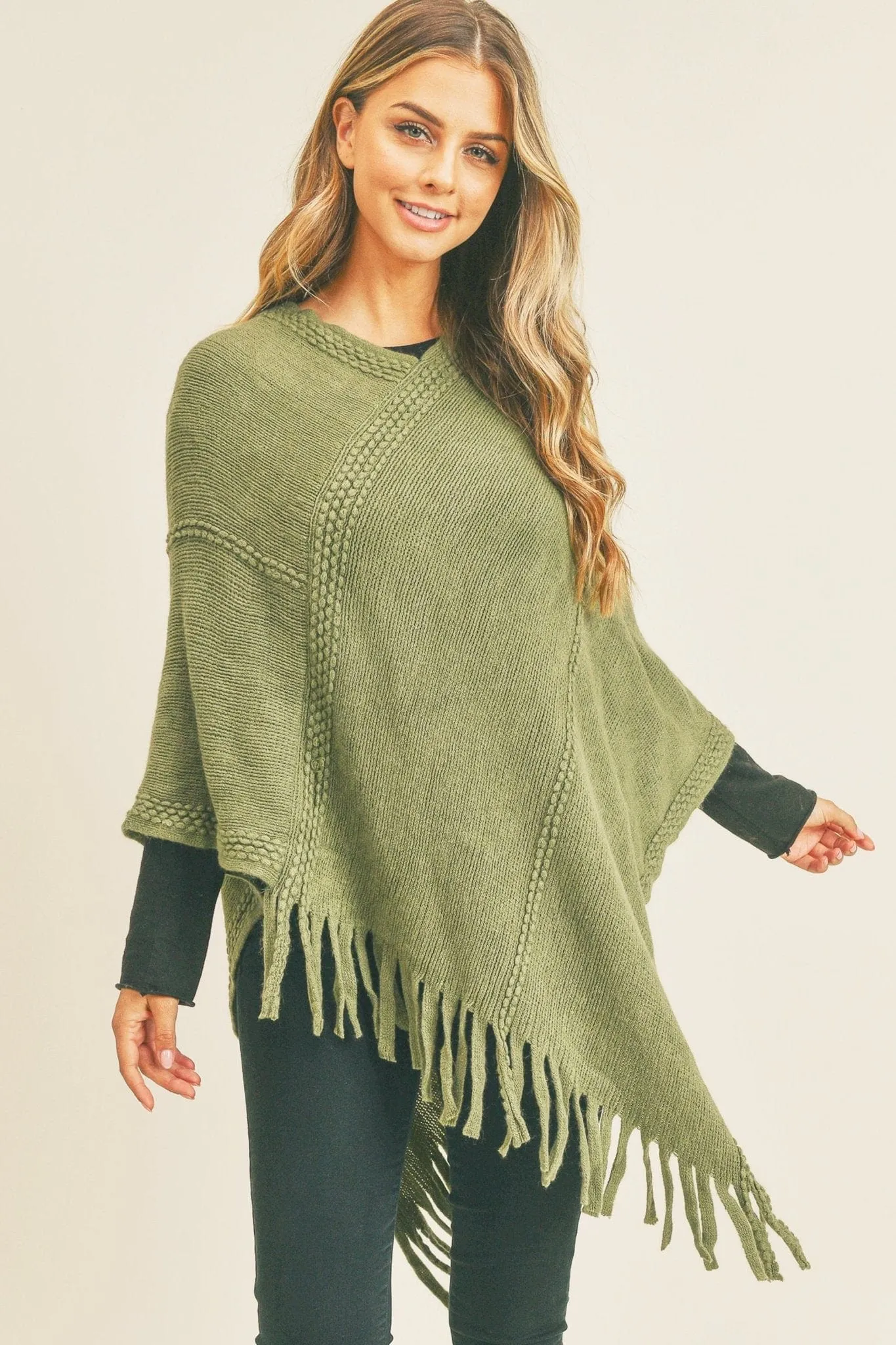 MS0272 Sandy Embossed Line Tassel Poncho