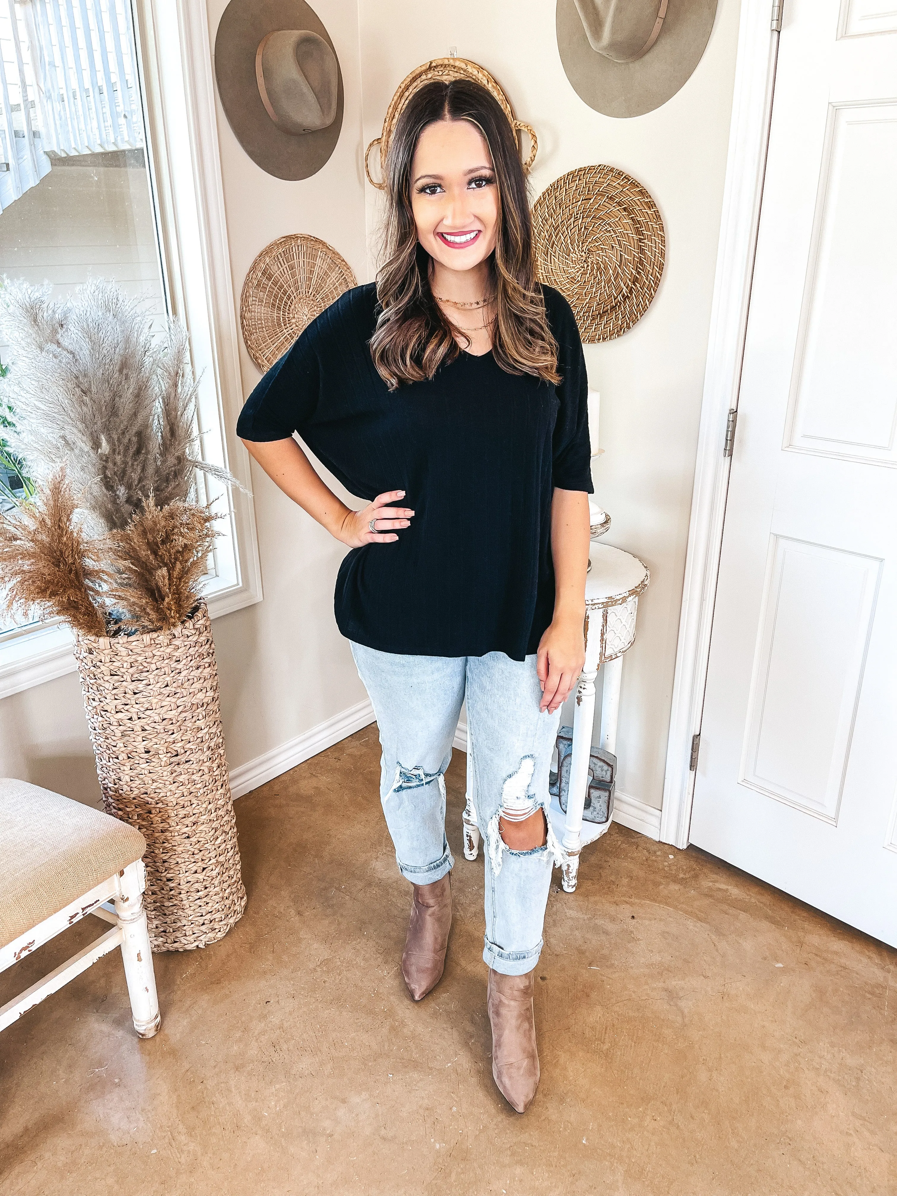 No Secrets V Neck Ribbed Poncho Top in Black