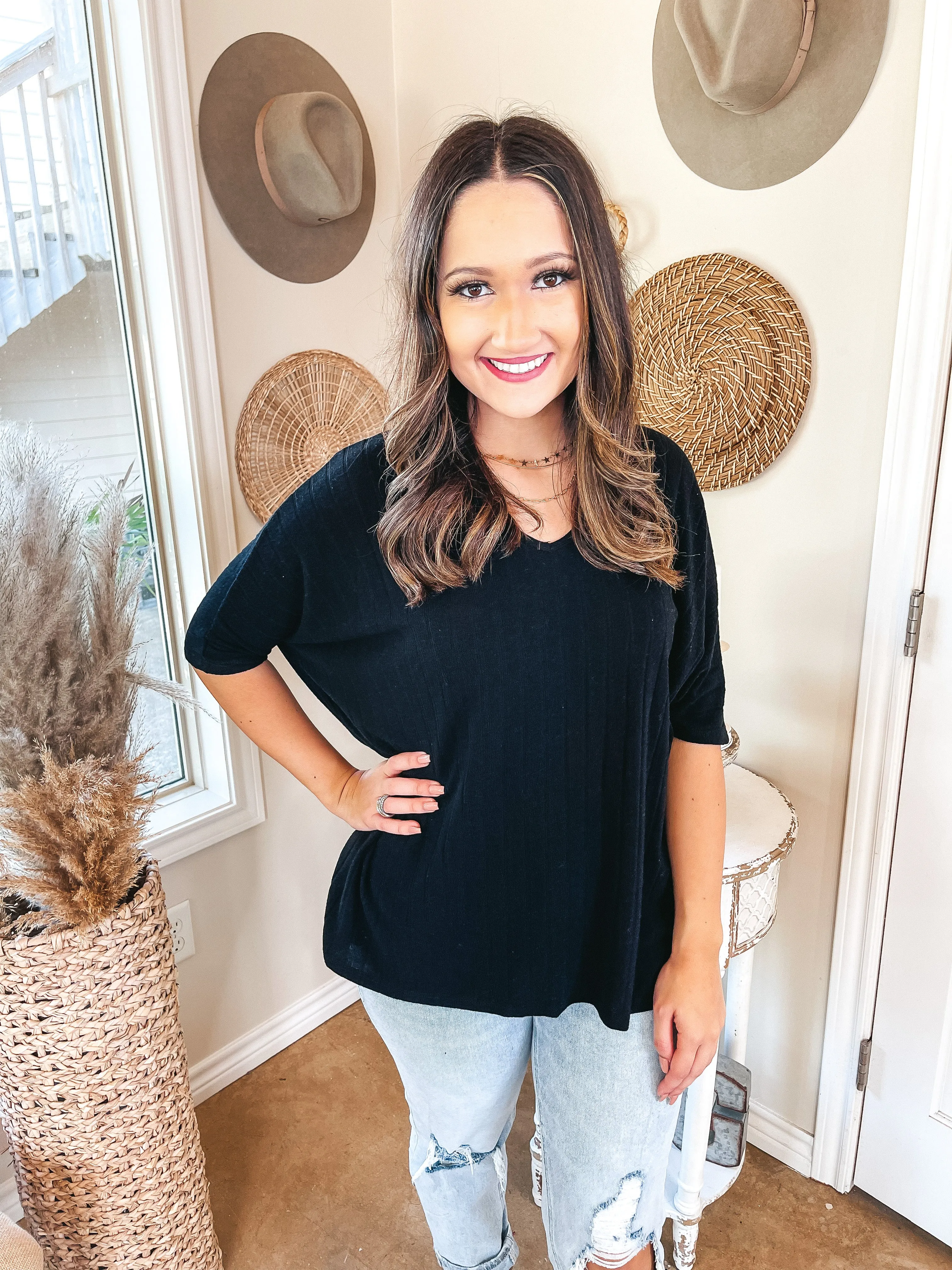 No Secrets V Neck Ribbed Poncho Top in Black