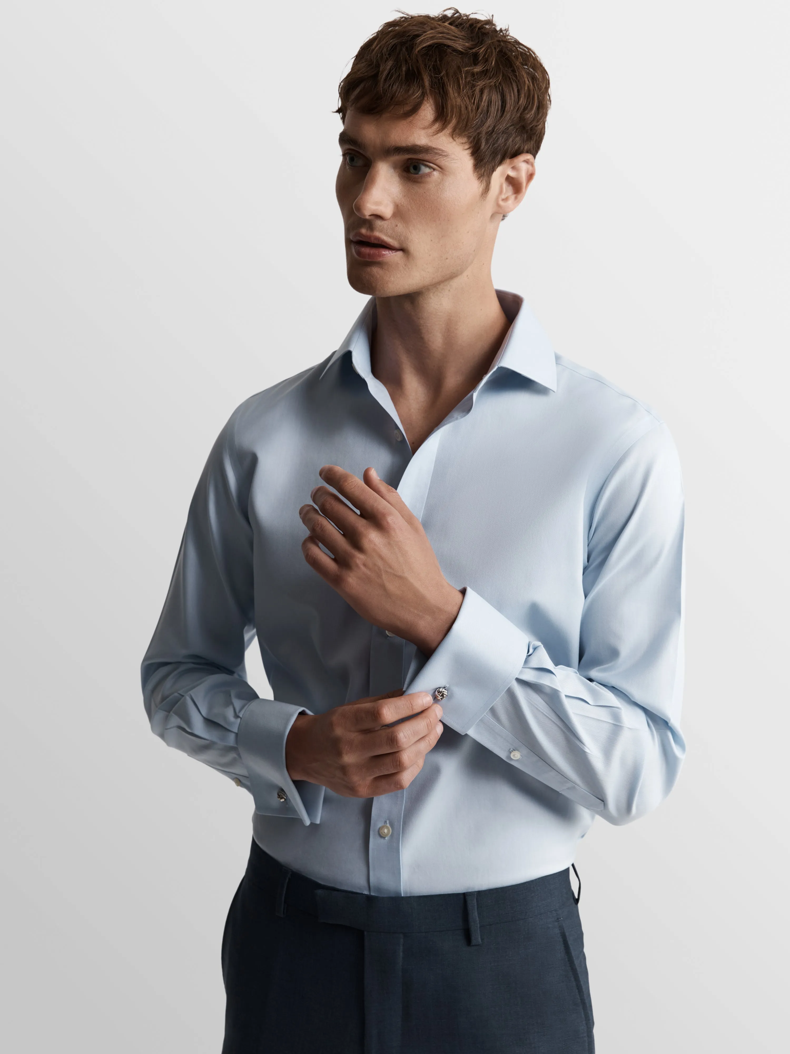 Non-Iron Light Blue Twill Fitted Double Cuff Classic Collar Shirt