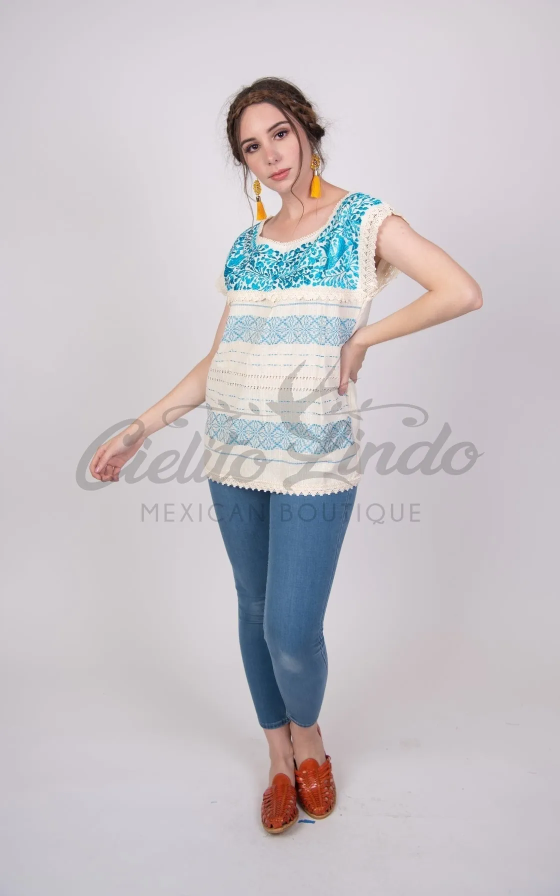 Oaxaca Paloma Blouse Cream and Blue