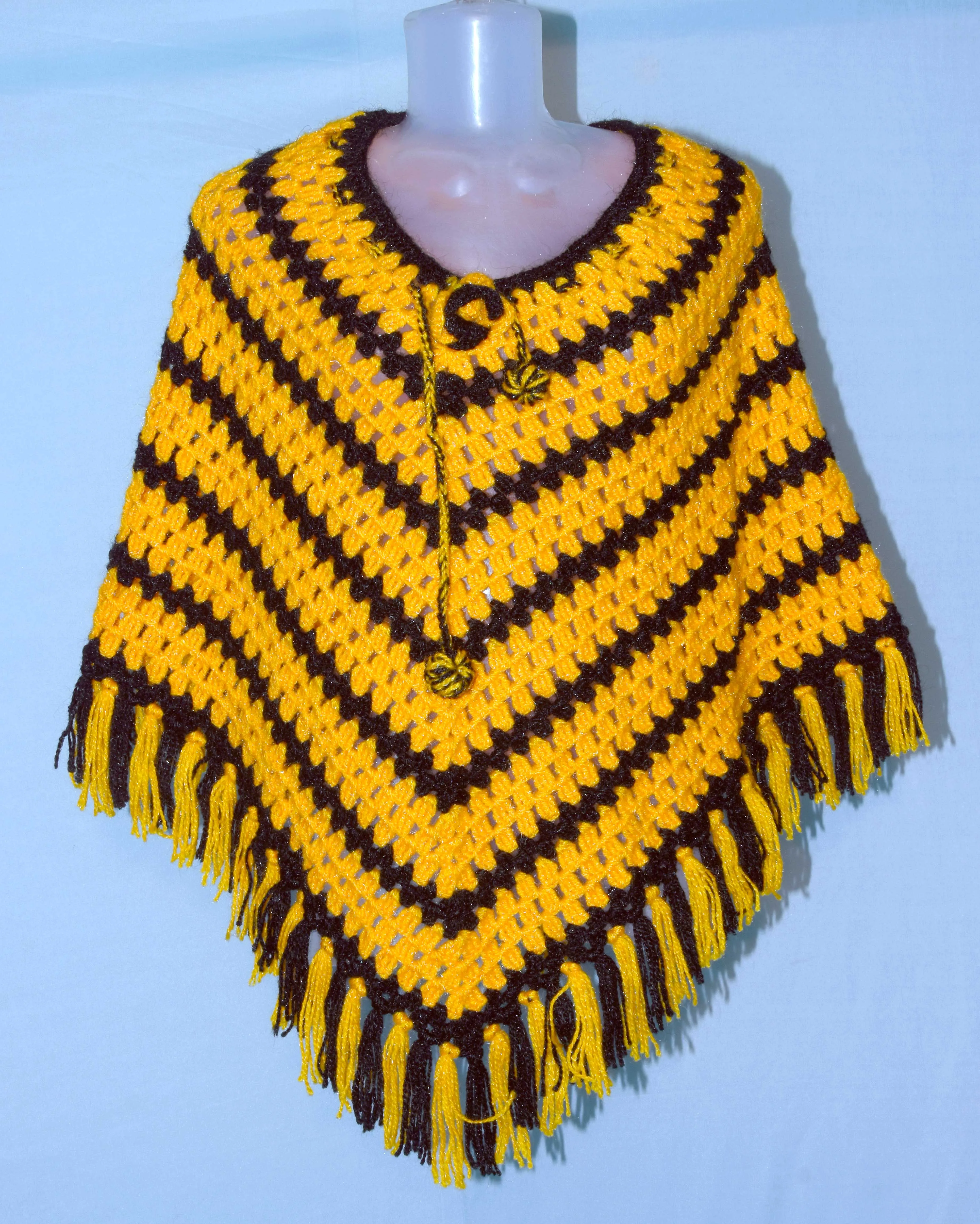 Orange and black color combi beautiful design poncho hand knitted woolen for women