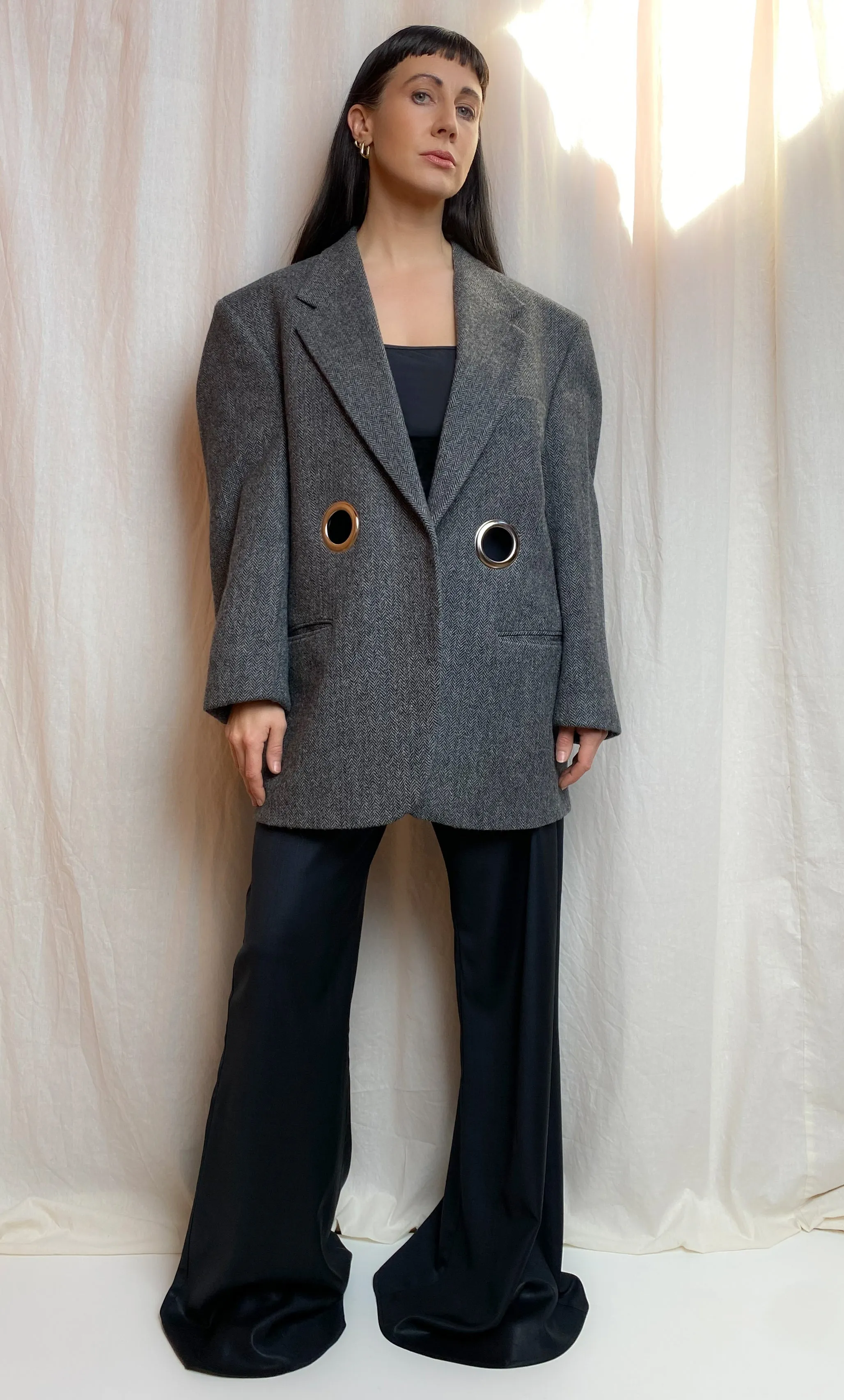 OUT OF OFFICE SUIT JACKET [ Wool, Chevron Tie Blazer, Silver Eyelets, Up To Size Large ]