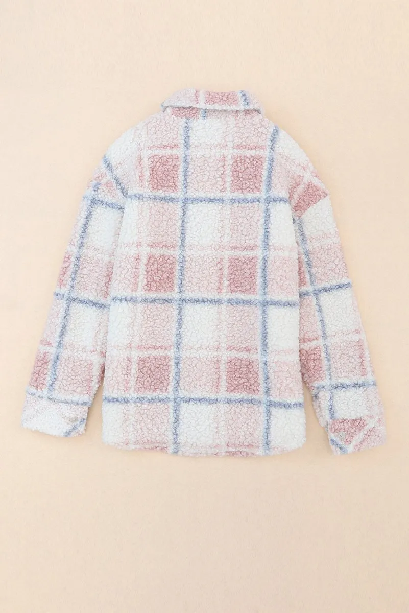 Plaid Button Up Collared Neck Sherpa Jacket