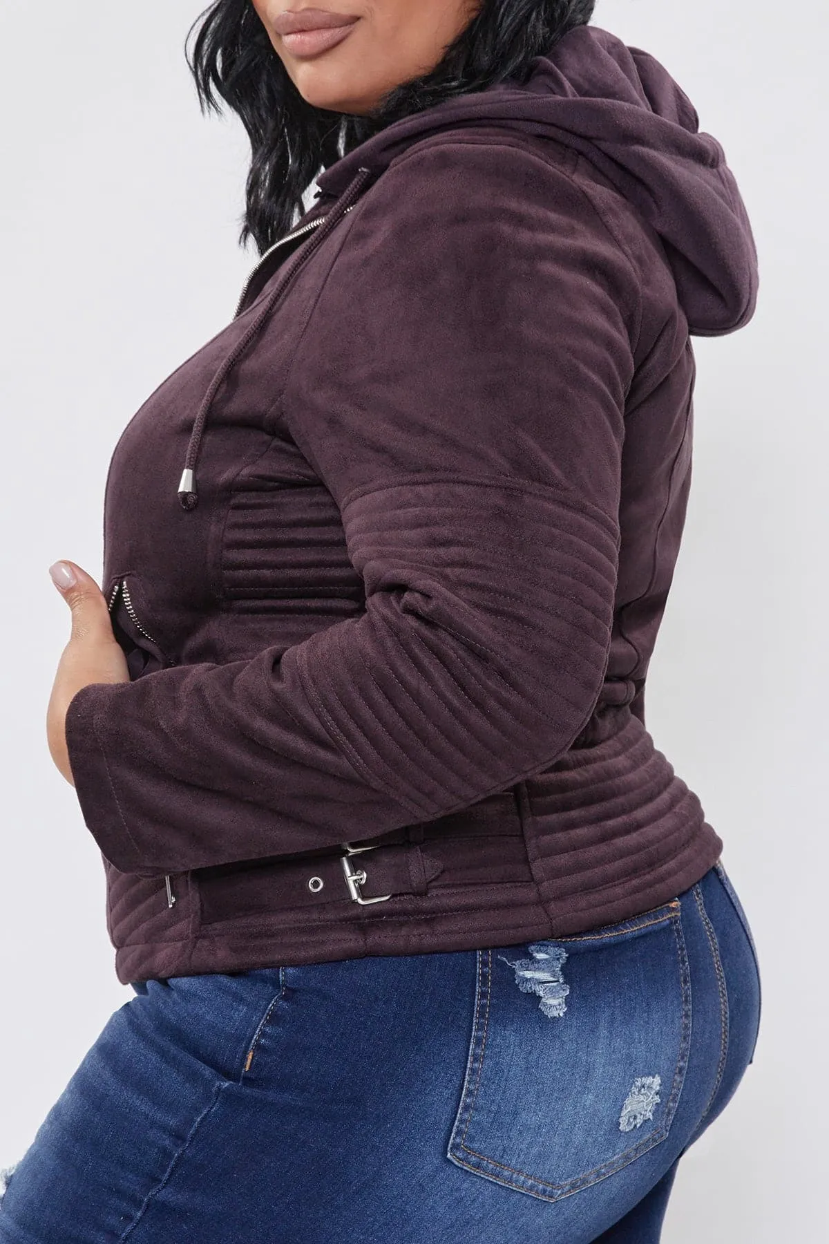 Plus Size Women's Faux Suede Jacket with Detachable Hoodie