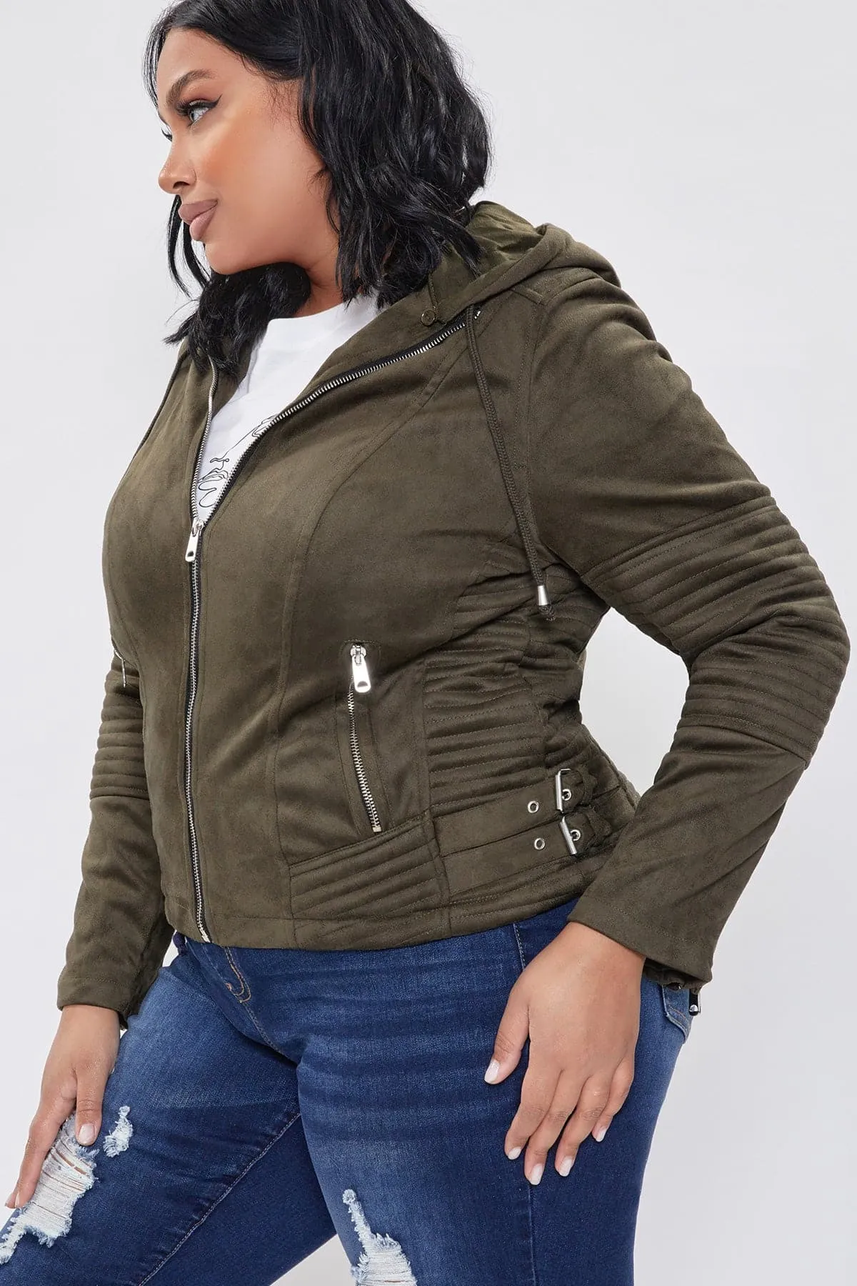 Plus Size Women's Faux Suede Jacket with Detachable Hoodie