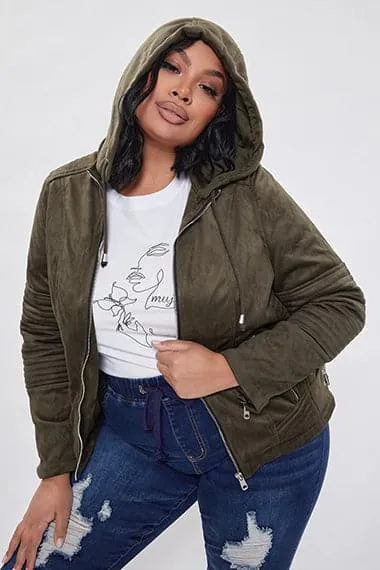 Plus Size Women's Faux Suede Jacket with Detachable Hoodie