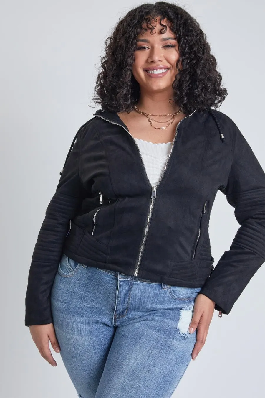 Plus Size Women's Faux Suede Jacket with Detachable Hoodie