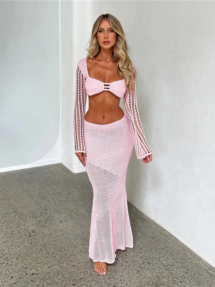 Pmystyle - Women's Crochet Knit 2 Piece Skirt Set with Hollow Out Crop Top